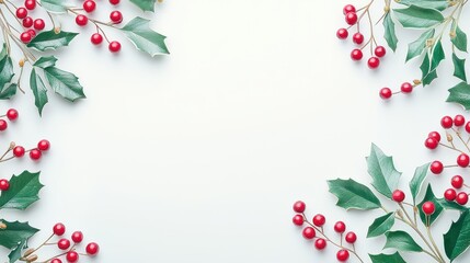 Wall Mural - A stunning close-up of an elegant Christmas frame with holly leaves and clusters of red berries artfully arranged in the corners.