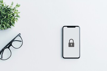 A mobile device displaying a security app with a prominent padlock icon, set on a clean, white desk. The minimalistic setting leaves ample room for copy space.