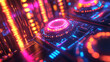 © Chanthana_aort - Neon Synthwave: Futuristic, neon-drenched tech interface with glowing lights and intricate circuits, evoking a retro-futuristic vibe of cyberpunk and synthwave aesthetics.