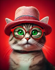 Wall Mural -  funny cat with green eyes, portrait on a red background; animal in glasses and hats