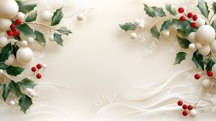 Wall Mural - An elegant Christmas scene featuring lush holly leaves against a soft background, providing a classic and timeless holiday look perfect for all festive occasions.