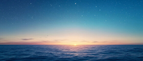 Wall Mural - Starry dawn over the ocean with a rising sun illuminating the calm waves under a peaceful twilight sky.