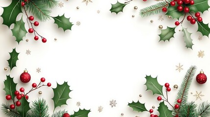 Wall Mural - Elegant Christmas frame with rich holly leaves and bright red berries delicately positioned in the corners, beautifully displayed on a transparent background.