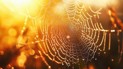 Macro shot of a spider web covered in morning dew, intricate design, sunlight reflecting off droplets, blurred natural background, delicate nature