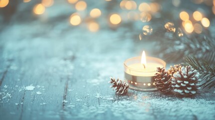 Wall Mural - Candles illuminate a rustic table adorned with pinecones and Christmas decorations, enhancing the festive holiday spirit