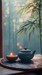 Canvas Print - Relaxing candlelight with a green plant near a window in a cozy space