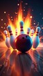 © val - A dynamic image capturing a bowling ball striking pins with a vibrant explosion of energy, perfect for promoting bowling alleys, tournaments, and sport events.