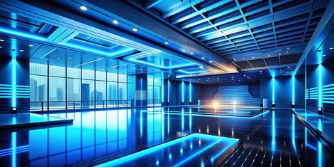 futuristic sci-fi hall with clean blue stage and silhouette photography, showcasing a modern concept