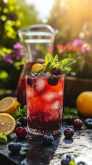 Canvas Print - Refreshing fruit drink with berries and citrus adorned with mint in a sunlit garden setting