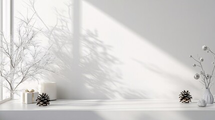 christmas decoration on white table with sunlight shadow, minimal interior background rendering