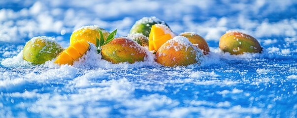 Canvas Print - A vibrant display of mangoes partially covered in snow against a blue background.