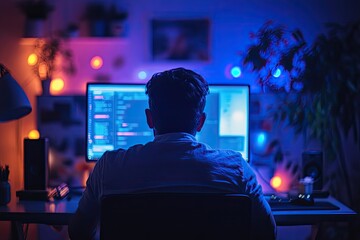 A man sits in front of a computer screen. The photo can be used for web design and marketing related to technology.