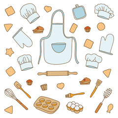 fashionable collection of baking accessories. Pastry chef set for cooking delicious pastries in doodle style on white background. Vector. 