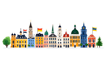 Famous European city landmarks, hand-drawn flat style illustration, isolated on white background