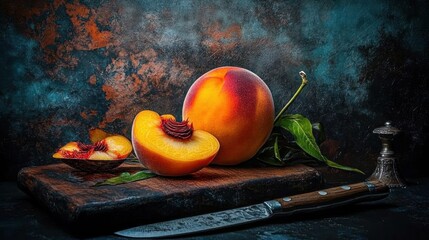 Poster - A still life featuring a ripe peach, sliced pieces, and a knife on a rustic wooden board.