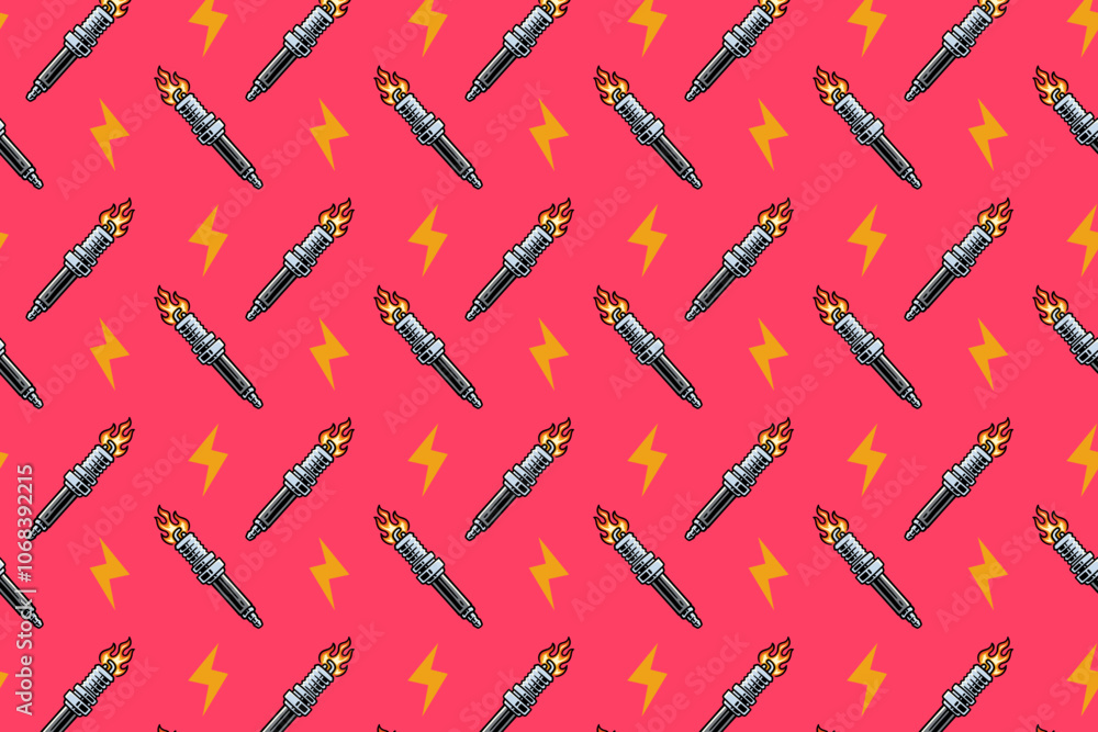 retro sparking plug with fire, thunder pattern on red background ...