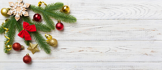 Wall Mural - Christmas background with fir branches and Christmas decor. Top view, copy space for text