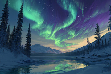 aurora borealis. northern lights in winter forest. sky with polar lights and stars. night winter lan