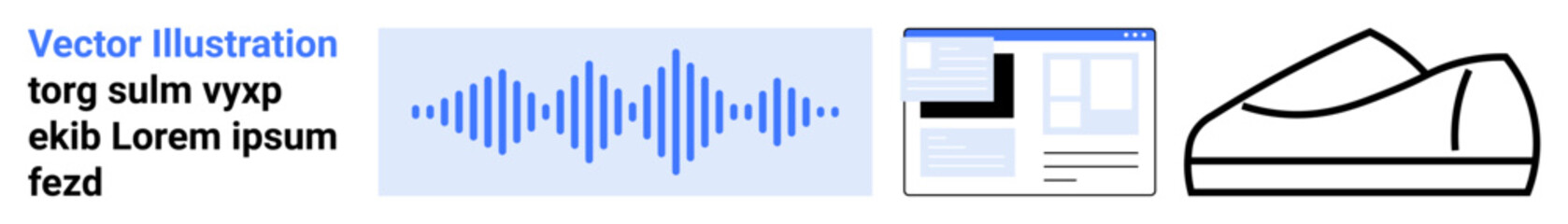 Text block in blue and black, abstract blue sound wave, minimalistic website layout, and outlined shoe. Ideal for digital design, web development, user interface, sound analysis, typography, footwear