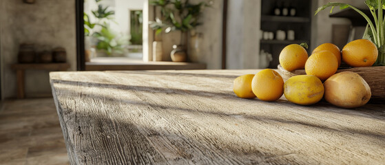 Wall Mural - rustic wooden table with weathered surface, adorned with fresh oranges and lemons, creates warm and inviting atmosphere in cozy interior space