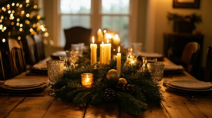 Medium shot of a holiday table with a large decorative centerpiece in the middle, with multiple candles and festive greenery, adding elegance to the setting.