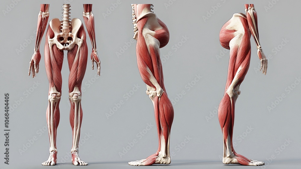 Human leg muscle anatomy showing front, side and rear views Stock Photo ...