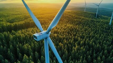 close-up of wind turbines looming over forest canopy