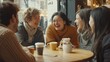© Martí Rosselló - Group of Friends Laughing Together at a Cozy Café, Close-knit friends enjoying coffee and laughter around a café table, creating a warm and lively atmosphere.