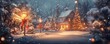 © HISTOCK - Snowy christmas village street with decorated houses and lampposts at night
