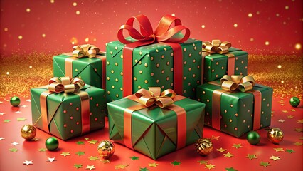 Christmas presents with green and red wrapping on red background