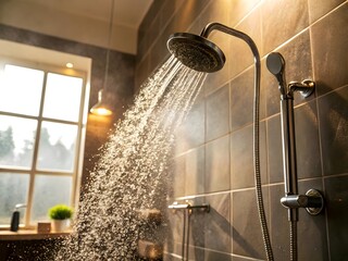 Modern Shower Head with Refreshing Hot Water Flow in a Steamy Bathroom, contrast shower with flowing water stream and steam