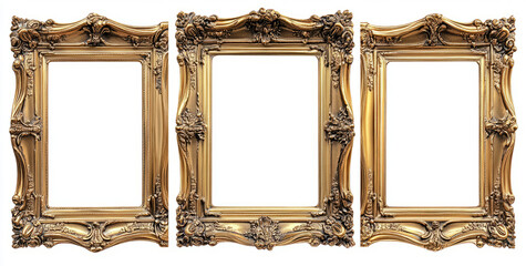  golden vintage picture frames with decorative ornaments, isolated on a white background