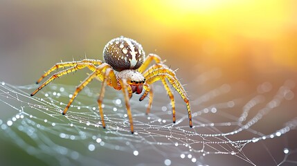 The spider delicately maneuvered along the intricate pattern of its web, glistening with dewdrops in the soft glow of the early morning light.