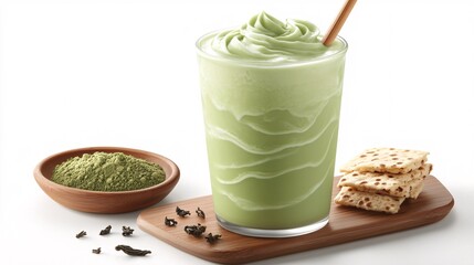 Sticker - A glass of iced matcha latte with swirls of milk served with a bamboo straw highlighting the green tea trend and sustainability with side empty space for text, Stockphoto style