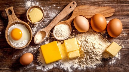 Wall Mural - Baking ingredients laid out on a kitchen counter with flour eggs butter and measuring spoons representing home baking with side empty space for text, Stockphoto style