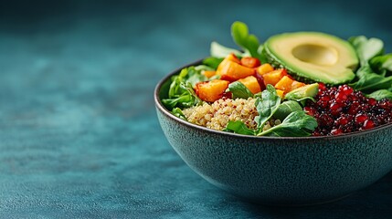Fototapete - Close-up of a colorful salad bowl with quinoa roasted vegetables and avocado showcasing a healthy and plant-based meal with side empty space for text, Stockphoto style
