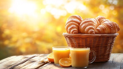Fototapete - Warm croissants and pastries arranged in a basket on a breakfast table with coffee and orange juice creating a classic French breakfast scene with side empty space for text, Stockphoto style