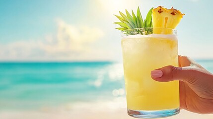 Fototapete - Hand holding a refreshing tropical cocktail with pineapple garnish against a beach background capturing vacation vibes with side empty space for text, Stockphoto style