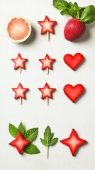 Canvas Print - A creative arrangement of fruit shapes, including stars and hearts, with mint leaves.