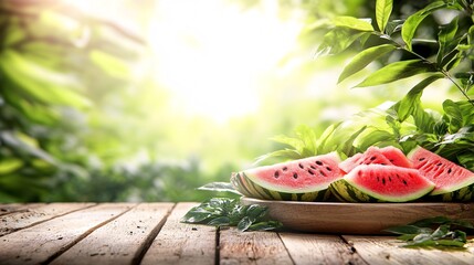 Fototapete - Freshly cut watermelon slices arranged on a large platter with a bright summer background creating a refreshing fruit scene with side empty space for text, Stockphoto style
