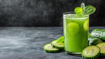 Fototapete - A glass of cold-pressed green juice with fresh vegetables like spinach and cucumber arranged nearby highlighting health-conscious choices with side empty space for text, Stockphoto style