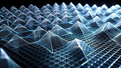Abstract render of glass mesh array on black background, glass, mesh, array, abstract,, render, design, pattern