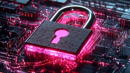 A digital lock glows pink on a circuit board, symbolizing online security
