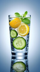 Wall Mural - A refreshing glass of detox water with cucumber lemon and mint leaves against a light background representing hydration and wellness with side empty space for text Stockphoto style