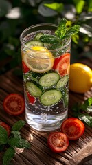 Fototapete - A refreshing glass of detox water with cucumber lemon and mint leaves against a light background representing hydration and wellness with side empty space for text Stockphoto style