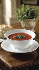 Fototapete - An inviting bowl of homemade tomato basil soup garnished with fresh herbs on a rustic table setting capturing warmth and comfort with side empty space for text Stockphoto style