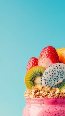 Fototapete - A close-up of a smoothie in a mason jar topped with dragon fruit kiwi and granola against a light background capturing the appeal of fresh superfoods with side empty space for text Stockphoto style