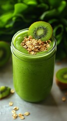 Fototapete - A close-up of a smoothie in a mason jar topped with dragon fruit kiwi and granola against a light background capturing the appeal of fresh superfoods with side empty space for text Stockphoto style