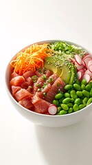 Fototapete - A bright and colorful poke bowl with tuna avocado edamame and radish on a light background capturing vibrant Hawaiian-inspired cuisine with side empty space for text Stockphoto style