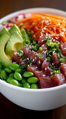 Fototapete - A bright and colorful poke bowl with tuna avocado edamame and radish on a light background capturing vibrant Hawaiian-inspired cuisine with side empty space for text Stockphoto style